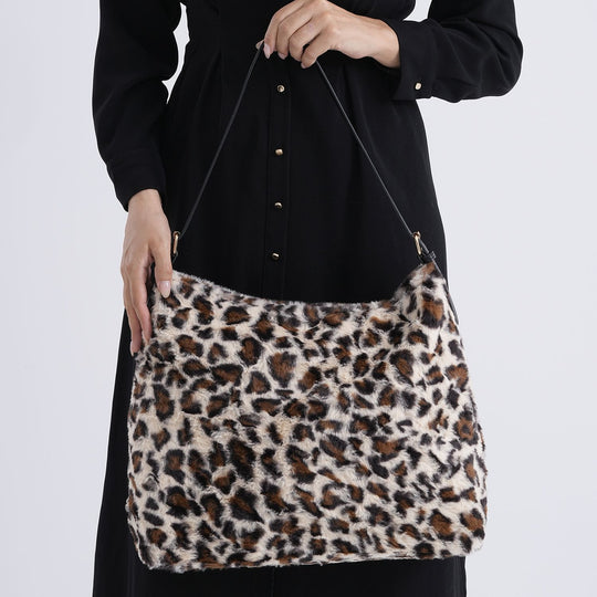 Leopardenmuster-Fellimitat-Tasche, 46x11x35 cm, Braun-Beige