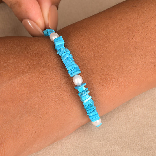 Türkis, Süßwasser Perle Armband ca. 19 cm + 5 cm Extender, 925 Silber rhodiniert