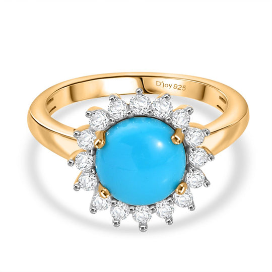D'Joy AA Sleeping Beauty Türkis, Weißer Zirkon Ring 925 Silber 750 Gelbgold Vermeil (Größe 21.00) ca. 2,39 ct
