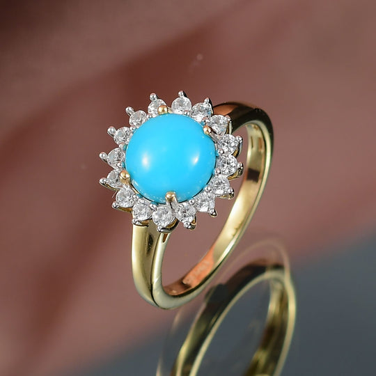 D'Joy AA Sleeping Beauty Türkis, Weißer Zirkon Ring 925 Silber 750 Gelbgold Vermeil (Größe 21.00) ca. 2,39 ct