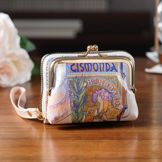 2-in-1-Geldbörse mit Gismonda-Motiv, 11x5x8 cm, Beige