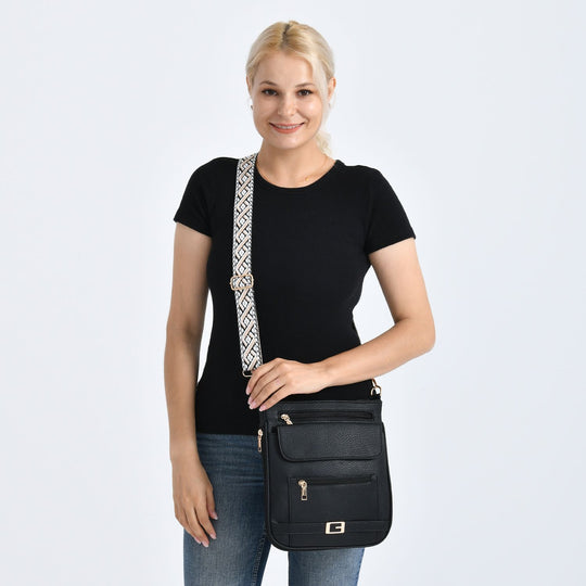 Crossbody-Tasche mit gewebtem Schulterriemen und Reißverschlussfächern, 24x28 cm, Rosébeige
