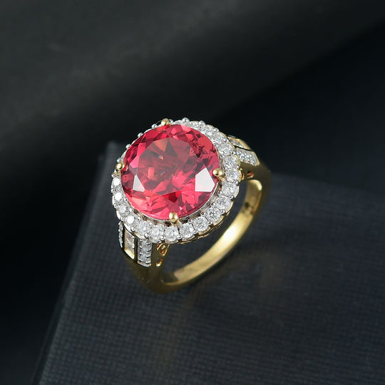 D'joy Lab Grown Padparadscha-Saphir , Moissanit Ring 925 Silber 750 Gelbgold Vermeil (Größe 20.00) ca. 9.22 ct