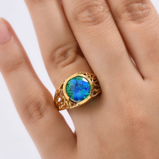 Pfau Quarz Triplette Ring 925 Silber 750 Gelb Vergoldet ca. 3.41 ct