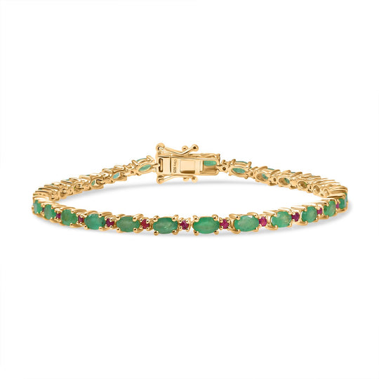 Smaragd, Natürlicher Mosambik-Rubin Armband ca. 20 cm 925 Silber 750 Gelbgold Vermeil ca. 7,18 ct.