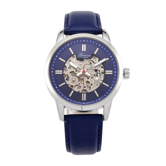 GENOA TIME V2 Automatikuhr mit mechanischem Automatikwerk, Zifferblatt weiß mit Sonnenschliff und offenem Design, Lederarmband Braun, 3 ATM wasserdicht