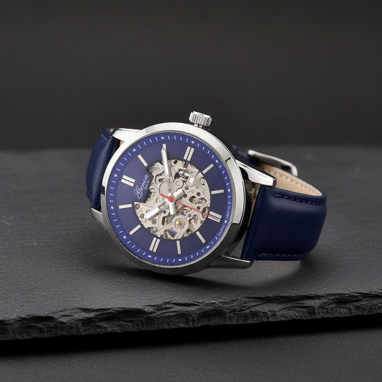 GENOA TIME V2 Automatikuhr mit mechanischem Automatikwerk, Zifferblatt Blau mit Sonnenschliff und offenem Design, Lederarmband Blau, 3 ATM wasserdicht