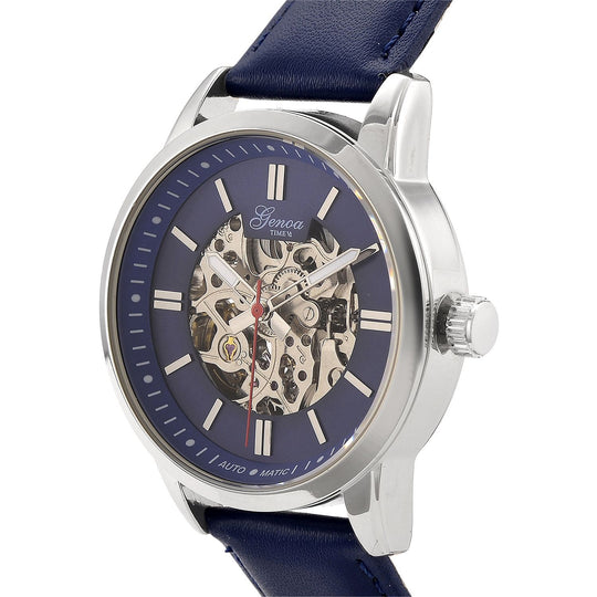 GENOA TIME V2 Automatikuhr mit mechanischem Automatikwerk, Zifferblatt Blau mit Sonnenschliff und offenem Design, Lederarmband Blau, 3 ATM wasserdicht