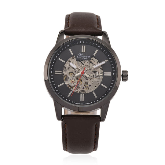 GENOA TIME V2 Automatikuhr mit mechanischem Automatikwerk, Zifferblatt Blau mit Sonnenschliff und offenem Design, Lederarmband Blau, 3 ATM wasserdicht