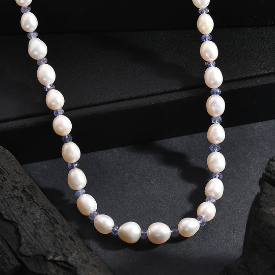 AA weiße Süßwasser Perle und Tansanit Halskette, 45+5cm, 925 Silber rhodiniert