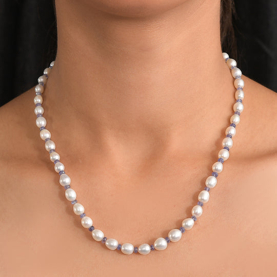 AA weiße Süßwasser Perle und Tansanit Halskette, 45+5cm, 925 Silber rhodiniert
