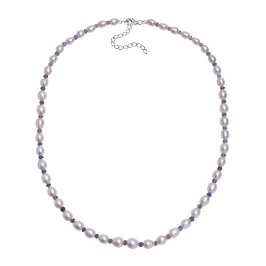 AA weiße Süßwasser Perle und Tansanit Halskette, 45+5cm, 925 Silber rhodiniert