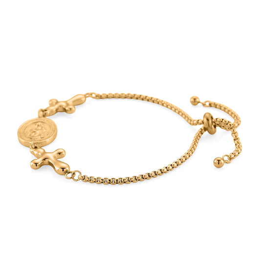 Medaille-Armband mit Kreuzanhängern, flexibel, Reiner Edelstahl, goldfarben
