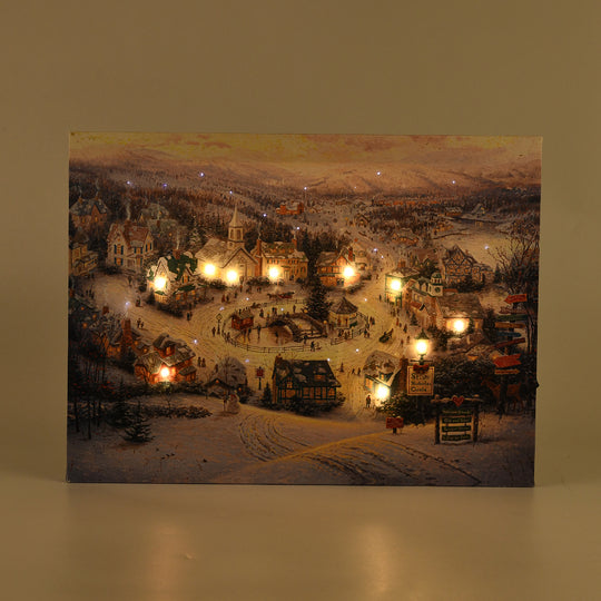 LED-Leinwandbild Festliches Winterdorf, mit 10 warmweißen LEDs und 30 Lichtfasern, Größe 30x40x1,8 cm