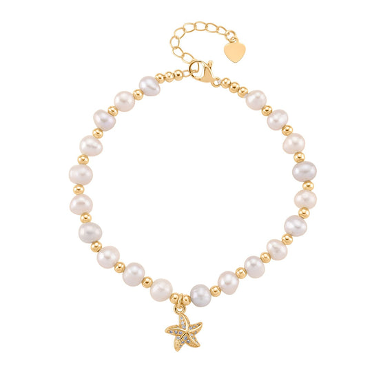 Mehrfarbiges Süßwasser Perle (4-5mm) und Zirkonia Armband mit Fisch-Anhänger, 19+5cm, Messing