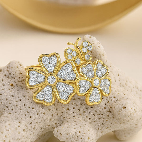 LUXURIANT SI-GH Labor Diamant Ring mit Blumen- und Schmetterlingsmotiven, 925 Silber Gelbgold Vermeil - 1 ct.