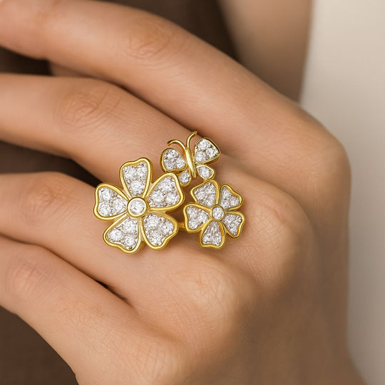 LUXURIANT SI-GH Labor Diamant Ring mit Blumen- und Schmetterlingsmotiven, 925 Silber Gelbgold Vermeil - 1 ct.