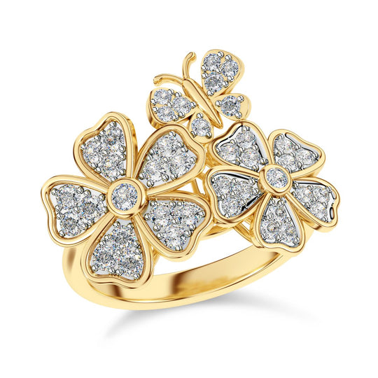 LUXURIANT SI-GH Labor Diamant Ring mit Blumen- und Schmetterlingsmotiven, 925 Silber Gelbgold Vermeil - 1 ct.