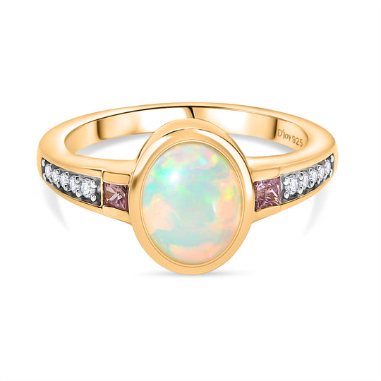 D’joy Natürlicher, äthiopischer Welo Opal, Rosa Saphir Ring 925 Silber vergoldet (Größe 16.00) ca. 1,36 ct