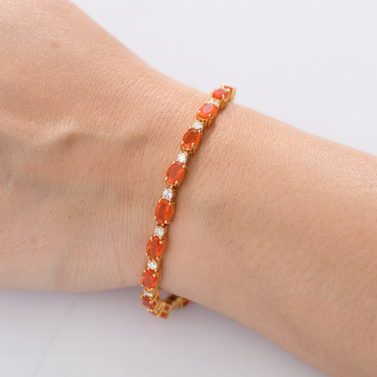 AAA Blaze Feuer Opal, Lab Grown Diamant Armband ca. 20 cm 925 Silber 750 Gelbgold Vermeil ca. 8,16 ct.