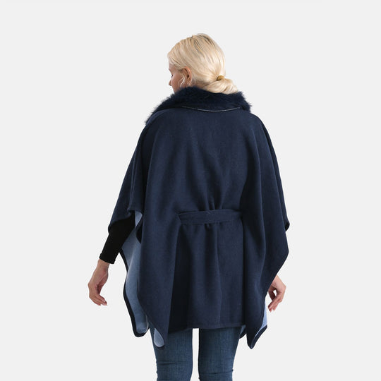 LA MAREY - Poncho mit Kunstfellkragen und Gürtel, One Size, Schwarz