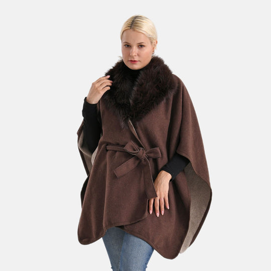 LA MAREY - Poncho mit Kunstfellkragen und Gürtel, One Size, Schwarz