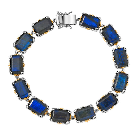 D joy AAA Malagasy Labradorit Armband, ca. 20 cm 925 Silber Rhodiniert und 750 Gelbgold Vermeil ca. 49,93 ct.