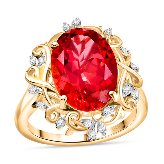 Djoy Lab Created Padparadscha Saphir, Weißer Zirkon Ring 925 Silber 750 Gelbgold Vermeil (Größe 17.00) ca. 8.43 ct