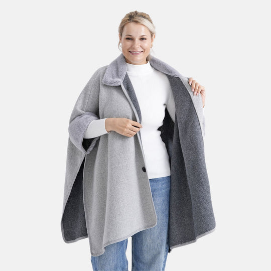 LA MAREY - Signature Kunstfell-Poncho mit Plüschkragen und Umschlagärmeln, Einheitsgröße, Tiefschwarz