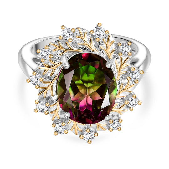 Bloomfire - D joy Wassermelonen Quarz Triplette, Weißer Zirkon Ring, 925 Silber platiniert und vergoldet (Größe 19.00) ca. 4.17 ct
