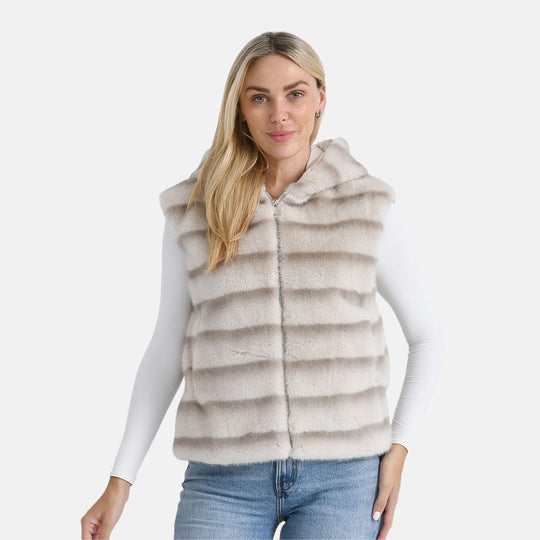 Weste mit Kapuze aus Webpelz, Einheitsgröße, Beige