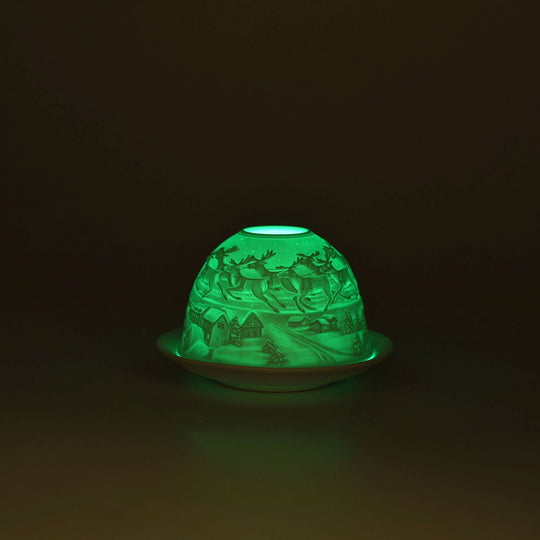LED-Porzellan-Teelichthalter - Motiv Weihnachtsmann und Rentier, 13-Farben-LED mit Fernbedienung, Durchmesser 10,5 cm, Höhe 7,5 cm