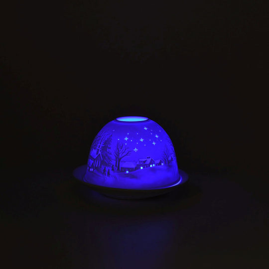 LED-Porzellan-Teelichthalter - Motiv Winterkapelle, 13-Farben-LED mit Fernbedienung, Durchmesser 10,5 cm, Höhe 7,5 cm