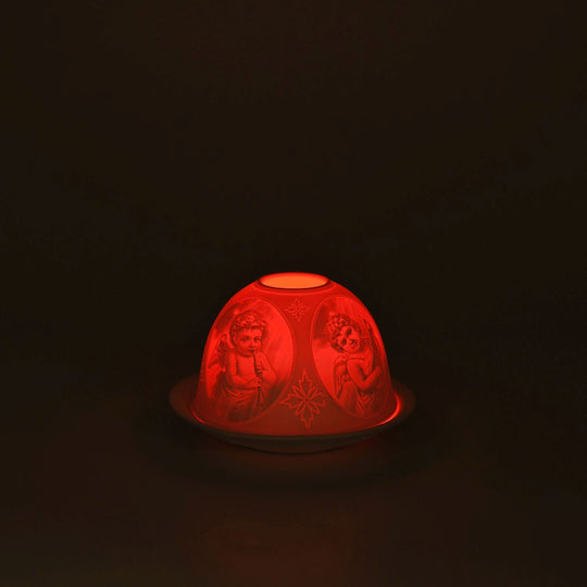 LED-Porzellan-Teelichthalter - Motiv Engel, 13-Farben-LED mit Fernbedienung, Durchmesser 10,5 cm, Höhe 7,5 cm