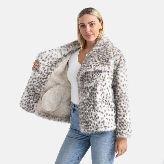 LA MAREY Signature - Kurzjacke aus Webpelz mit Leopardenmuster, Einheitsgröße, Braun