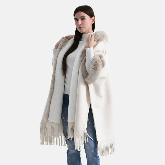 LA MAREY - Poncho aus Webpelz mit Fransen und Fleecefutter, Einheitsgröße, Beige
