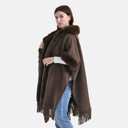 LA MAREY - Poncho aus Webpelz mit Fransen und Fleecefutter, Einheitsgröße, Beige