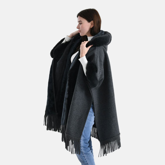 LA MAREY - Poncho aus Webpelz mit Fransen und Fleecefutter, Einheitsgröße, Beige