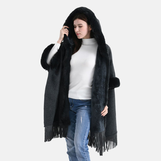 LA MAREY - Poncho aus Webpelz mit Fransen und Fleecefutter, Einheitsgröße, Beige
