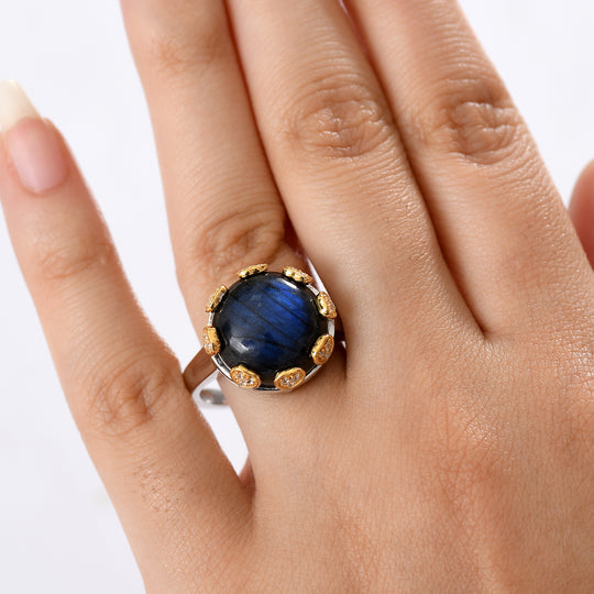 D'Joy AAA Labradorit, Weißer Zirkon Ring 925 Silber Rhodiniert und 750 Gelbgold Vermeil (Größe 17.00) ca. 12,96 ct