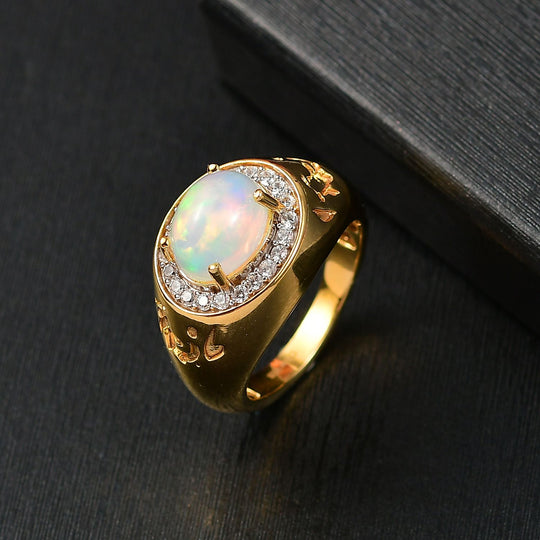D'Joy AA Natürlicher, äthiopischer Welo Opal, Weißer Zirkon Ring 925 Silber 750 Gelbgold Vermeil (Größe 18.00) ca. 2,13 ct
