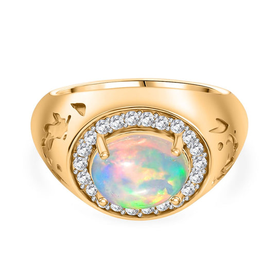 D'Joy AA Natürlicher, äthiopischer Welo Opal, Weißer Zirkon Ring 925 Silber 750 Gelbgold Vermeil (Größe 18.00) ca. 2,13 ct