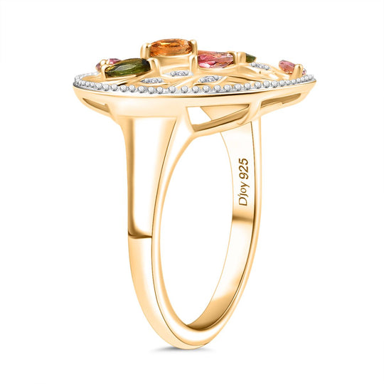 D joy Mehrfarbiger-Turmalin, Weißer Zirkon Ring 925 Silber 750 Gelb Vergoldet (Größe 19.00) ca. 0.99 ct