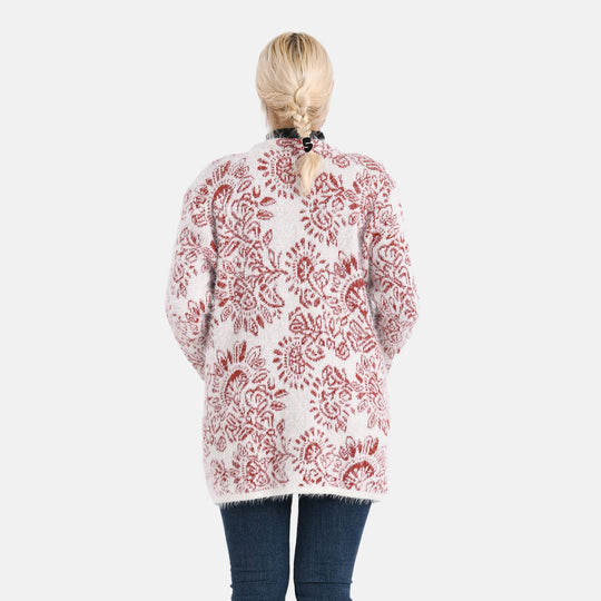 Cardigan mit abstraktem Blumenmuster und Taschen, One Size, Länge 78 cm, Rot