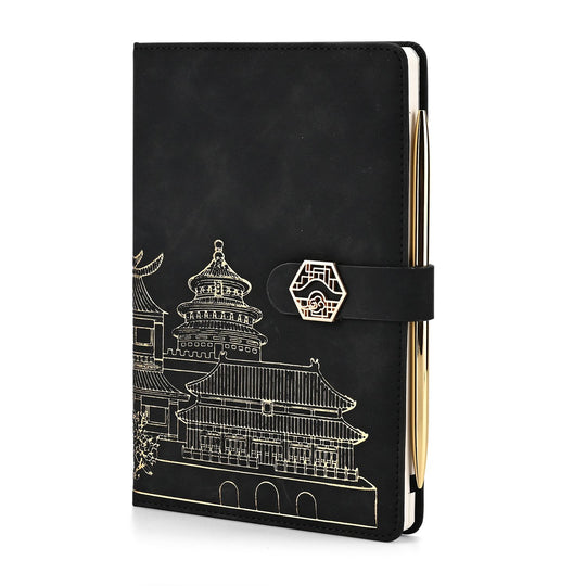 LIVMORE - 2er Set A5 Notizbuch mit Stift Umschlag mit Magnetverschluss Motiv Himmelstempel Nationaler Landschaftsstil Schwarz