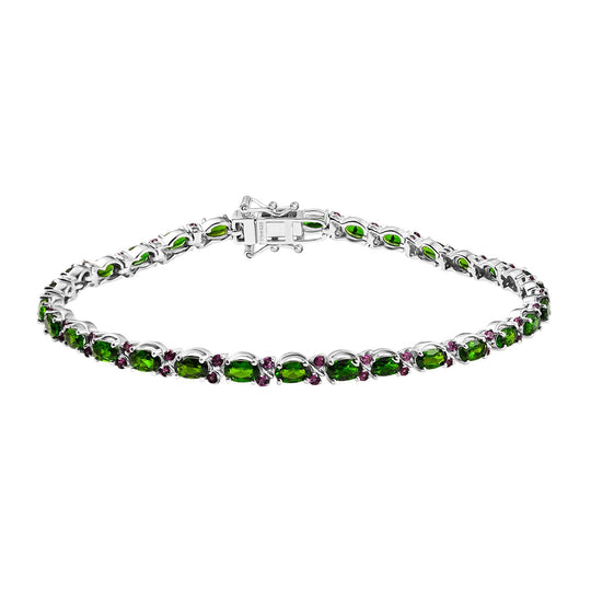 D'joy Natürlicher Chromdiopsid, Natürlicher Rhodolith Granat Armband ca. 20 cm 925 Silber rhodiniert ca. 8.67 ct