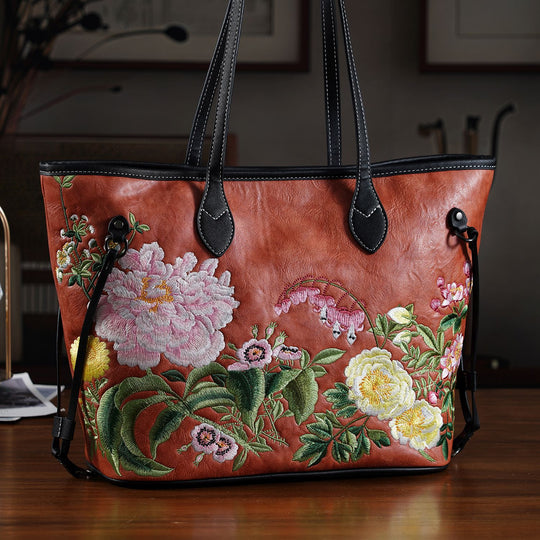Bestickter Shopper, Kunstleder, Blumen Design, 46 x 15 x 28 cm, Blau