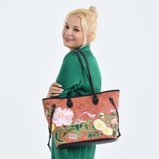 Bestickter Shopper, Kunstleder, Blumen Design, 46 x 15 x 28 cm, Blau