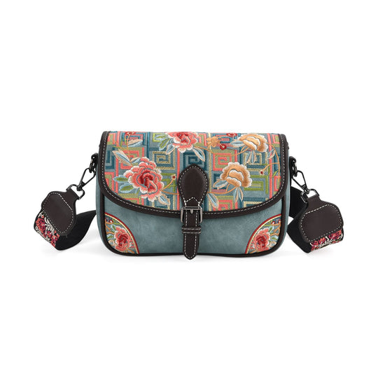 Bestickte Kunstleder Crossbody Tasche, Blumen Design, 22 x 8 x 16 cm, Schwarz