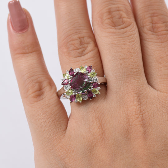 Blooming Petals - D'joy Wassermelonen Quarz Triplette, Natürlicher Rhodolith Granat Ring 925 Silber rhodiniert (Größe 21.00) ca. 4.11 ct